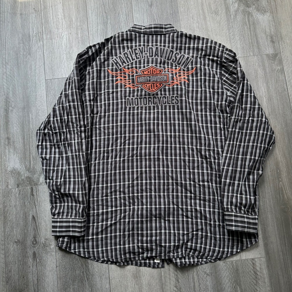 Harley-Davidson Plaid Button Up Shirt Mens 3XL Black White Embroidered
